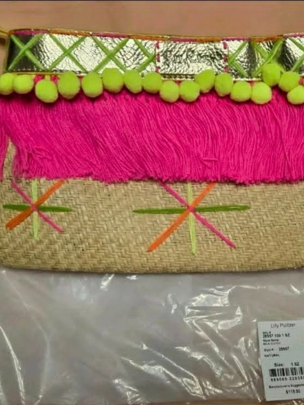NWT Lilly Pulitzer Baja Clutch Handbag Tassel Neon